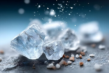 Obraz premium Close-up of sparkling ice crystals on a dark surface, showcasing their intricate shapes and textures in natural light.