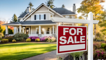 A beautiful house with a 'For Sale' sign in the front yard, surrounded by colorful flowers and lush greenery.