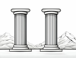 Obraz premium Two classical columns stand tall against a minimalistic mountain landscape, symbolizing strength and history.