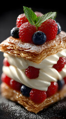 Delicious layered pastry dessert topped with fresh berries and cream, perfect for a gourmet treat or special occasion.