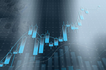 Upward line graph with candlesticks and 100 dollar banknotes in the background. Technology innovation on a virtual screen. Concept of World Economic Growth