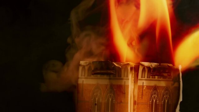Closeup of Belfry of Bruges bell tower 13th century Gothic building struck by fire, miniature act against black background, Studio shot, Bruges