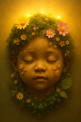 Baby face, Ethereal Glow, a soft golden ambient light, making the sculpture feel divine and peaceful.