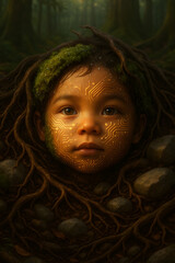 Baby face, Gaia Awakens, child’s eyes slowly opening as morning light intensifies