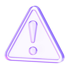 Minimal glass style warning icon in purple tones, representing caution, alert, danger, or system notifications in digital environments, 3d rendering