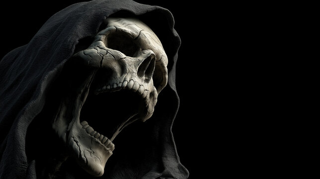 Scary hooded skull figure with open mouth against dark background.
