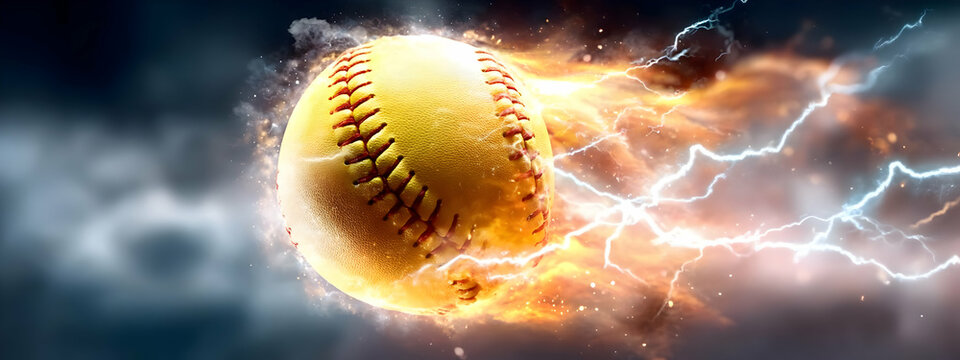 A dynamic image of a flying softball with energy bursts and lightning effects, capturing the thrill of the game.