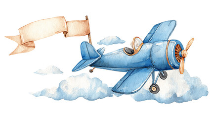 Blue Watercolor Airplane with Banner Flying Above Clouds, PNG © CrystallineCreative