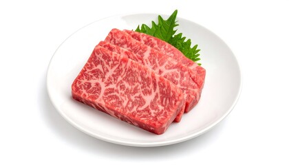 Premium Wagyu Beef Slices on White Plate with Shiso Leaves with Studio Shot.