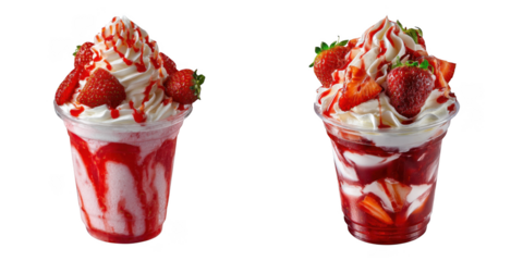 Two delicious strawberry sundaes with whipped cream isolated on transparent background