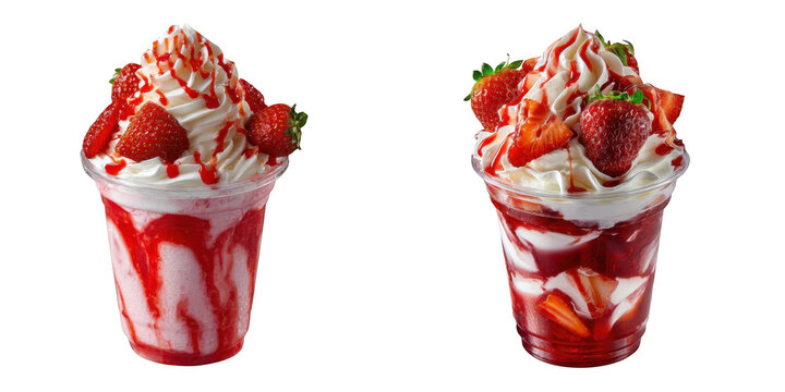 Two delicious strawberry sundaes with whipped cream isolated on transparent background