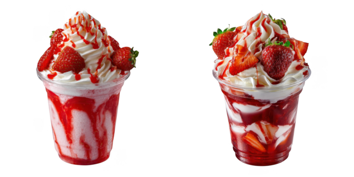 Two delicious strawberry sundaes with whipped cream isolated on transparent background