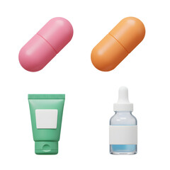 Assorted medication and skincare products Pink capsule orange capsule green tube and blue liquid bottle