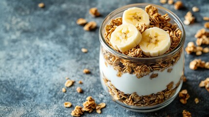 A glass parfait layered with creamy yogurt and crunchy granola, topped with fresh banana slices. Scattered granola pieces surround the glass on a mottled gray surface