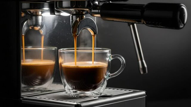 Close Up Of Espresso Machine Brewing Coffee With Clear Glass Cups Against Dark Background