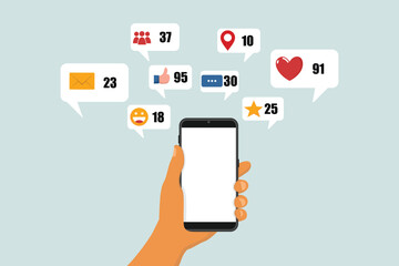 Hand holding phone with social media icons, community, like, share, message, star, emoji, location, like, email. Communication and social networking concept, for websites and banners.
