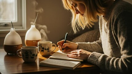 Woman Writing in Journal by Window with Coffee and Aromatherapy