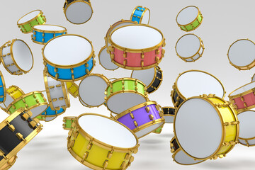 Many of flying drums or drumset on white background