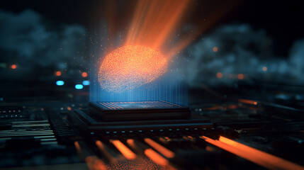 Glowing digital brain model emerging from a high-tech server platform in a data center.
