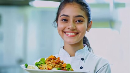 Smiling Female Chef Presents Delicious Dish in Kitchen