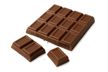 Milk chocolate bar breaking into pieces, revealing creamy texture against transparent backdrop, ideal for culinary imagery