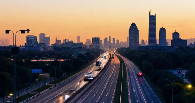 Time-lapse of city highway at sunset, cars moving fast on wide road, evening golden hour, urban skyline background