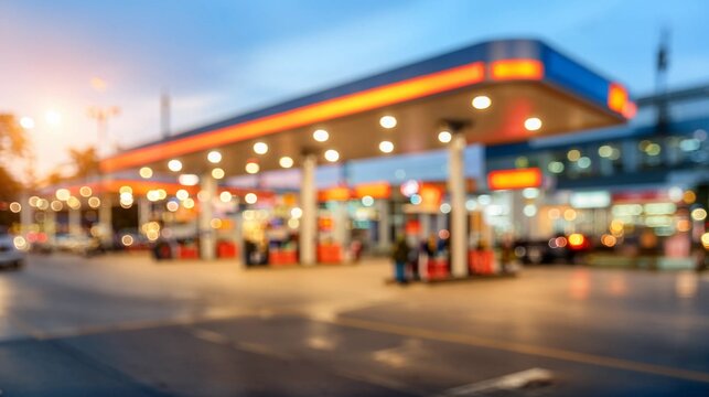 Blurred gas station lit up at dusk with bokeh lights