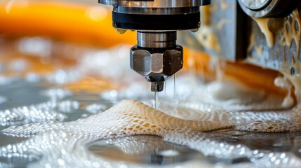 Close up of cnc water jet cutter in action for precision metal fabrication in automotive parts