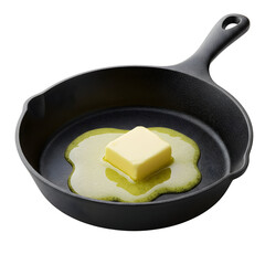 Melting Butter Cube in a Black Cast Iron Skillet Culinary Preparation