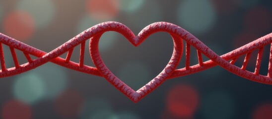 DNA strands shaped as a heart on a blurred background, symbolizing love and genetics.
