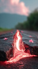 Road fissure, glowing lava, pink flowers