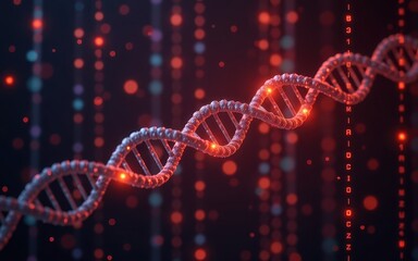 Abstract representation of DNA strands illuminated by colorful lights on a dark background.