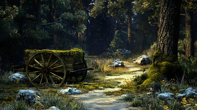 A mossy wagon rests on a sun-dappled forest path. Lush foliage and ancient trees surround a weathered cart