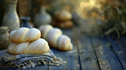 Rustic bread display on wooden table
