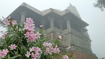 A foggy morning scene featuring a historic stone temple with intricate columns, partially veiled by...