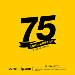75th years anniversary celebration emblem. congratulations anniversary logo isolated with ribbon on yellow background. vector illustration template design for web, flyers, poster, greeting card	