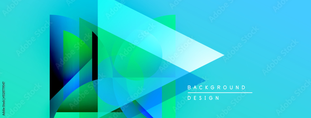 Poster abstract geometric shapes overlap, creating vibrant blue, green gradients. modern design suggests te