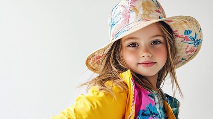 A young girl with long brown hair, wearing a floral sun hat and a yellow jacket, poses against a bright white background.  Her expression is pleasant and confident