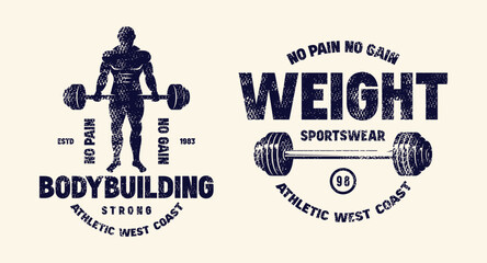 Sport emblem with powerlifter silhouette. Graphic design with rough texture for t-shirt. Black print on white background