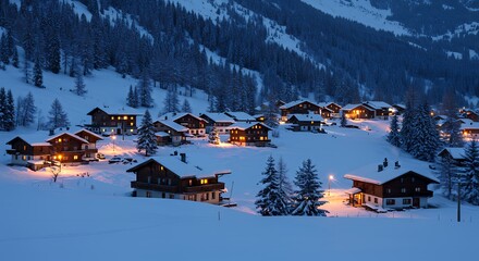 Village covered with snow in the mountains at night
