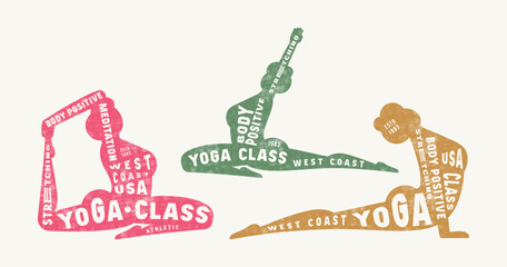 Body positive yoga class emblem. Graphic design with typographic and silhouettes of girl in asana. Color print on white background