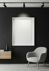Mockup poster frame in modern minimalist interior with black accent wall, spotlight, and cozy gray armchair