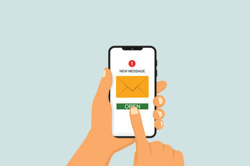 New message notification pop-up box with envelope on mobile screen. Pop-up email design for chatting, emailing and sending messages or opening messages.