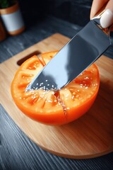 Slicing a tomato on a wooden board