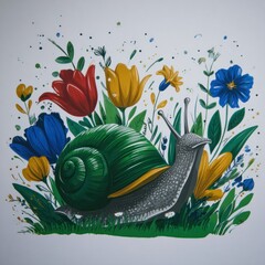 Snail amidst colorful flowers