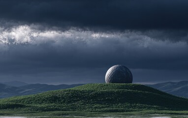 Sphere on hill, stormy sky