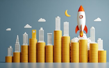 Stacks of coins with buildings and rocket