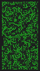 Vertical illustation of a printed circuit board in green on a dark background. Digital server code processing or AI artificial intelligence deep machine learning concept.