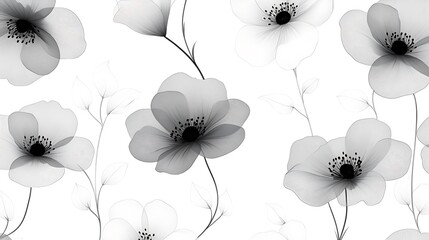 Minimalist line art floral pattern, repeating single-line flowers in black on white, seamless and elegant, airy arrangement with delicate line quality. Created Using: vector illustration,