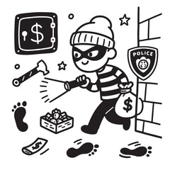 Cartoon Thief Stealing Money and Jewels